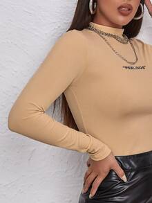 SHEIN Unity Mock Neck Letter Embroidered Rib-knit Tee - Khaki - View 3