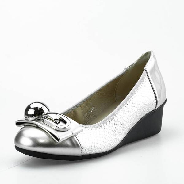 

Metallic Pebble Embossed Slip On Wedge Shoes, Silver