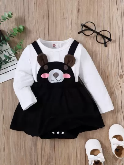 嬰兒卡通圖案3D耳朵設計假兩件拼接連體衣連衣裙