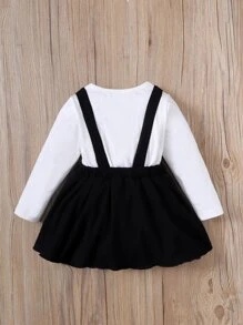 嬰兒卡通圖案3D耳朵設計假兩件拼接連體衣連衣裙 - 黑與白 - 查看 2