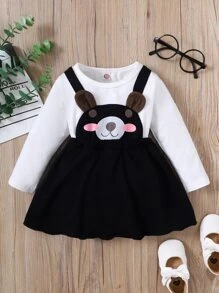 嬰兒卡通圖案3D耳朵設計假兩件拼接連體衣連衣裙 - 黑與白 - 查看 3