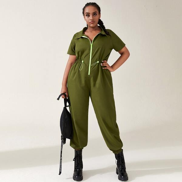 

Plus Lightweight Zip Up Drawstring Waist Sports Jumpsuit, Army green