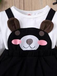 嬰兒卡通圖案3D耳朵設計假兩件拼接連體衣連衣裙 - 黑與白 - 查看 4