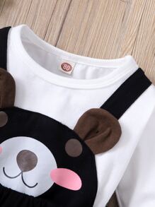 嬰兒卡通圖案3D耳朵設計假兩件拼接連體衣連衣裙 - 黑與白 - 查看 5