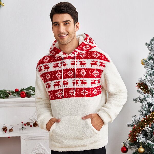 

Men Drop Shoulder Christmas Pattern Drawstring Kangaroo Pocket Teddy Hoodie, White