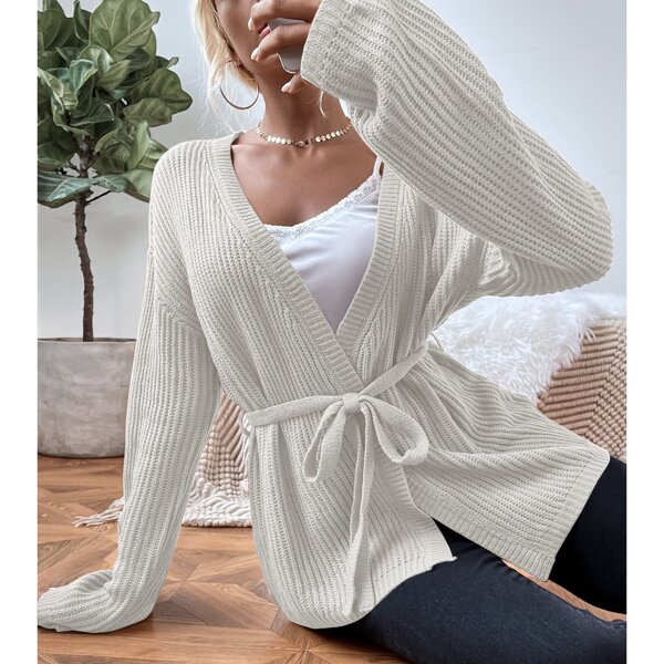 

Solid Belted Drop Shoulder Cardigan, Beige
