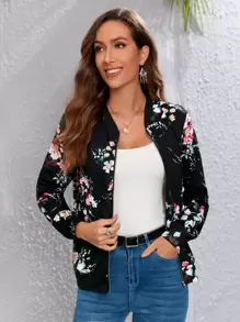 Floral Print Zipper Bomber Jacket - Multicolor - View 1