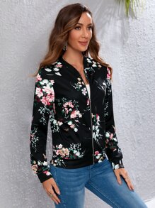 Floral Print Zipper Bomber Jacket - Multicolor - View 5
