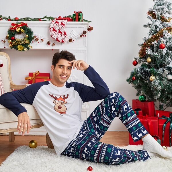 

Men Christmas Print Raglan Sleeve Top & Pants PJ Set, Blue and white