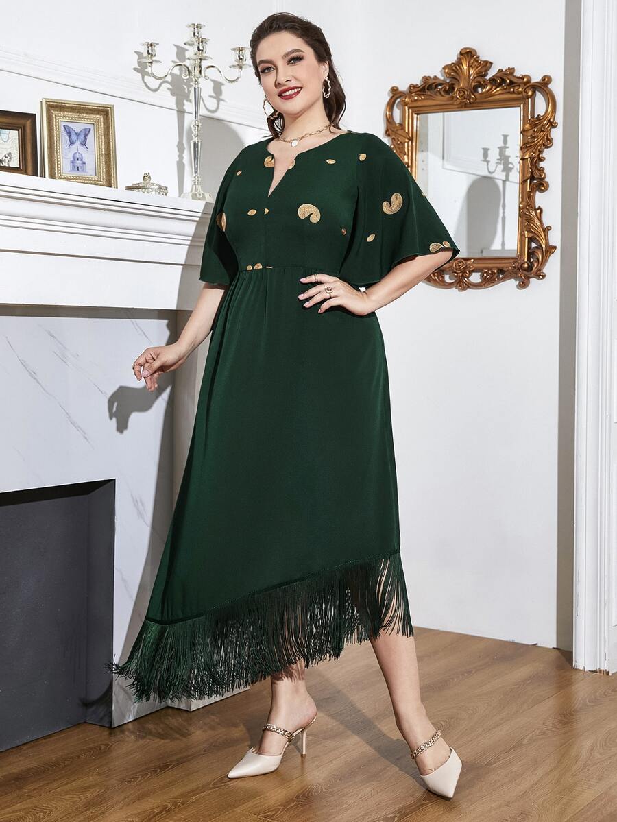 Modelyn Plus Paisley Embroidery Notched Neck Butterfly Sleeve Fringe Hem Dress - Dark Green - View 1
