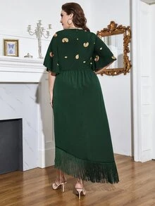 Modelyn Plus Paisley Embroidery Notched Neck Butterfly Sleeve Fringe Hem Dress - Dark Green - View 2