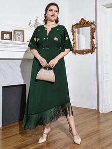 Modelyn Plus Paisley Embroidery Notched Neck Butterfly Sleeve Fringe Hem Dress - Dark Green - View 3
