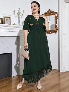 Modelyn Plus Paisley Embroidery Notched Neck Butterfly Sleeve Fringe Hem Dress - Dark Green - View 6