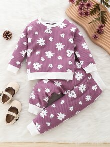 Sudadera de canalé con estampado floral con pantalones deportivos - Morado - Ver 1
