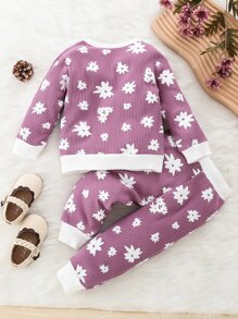 Sudadera de canalé con estampado floral con pantalones deportivos - Morado - Ver 2