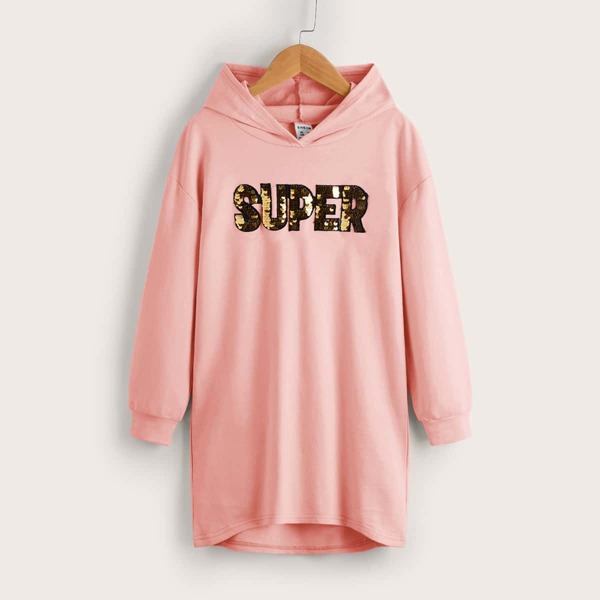 

Girls Color Change Sequin Letter Sweatshirt Dress, Baby pink