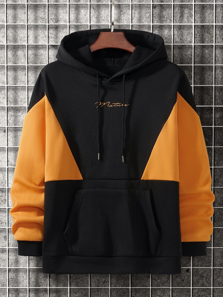 Manfinity Homme 男士撞色字母刺繡袋鼠口袋抽繩保暖連帽衫 - 彩色 - 查看 1