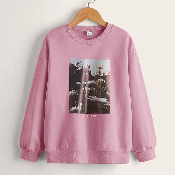 

Girls Letter & Floral Print Pullover, Pink