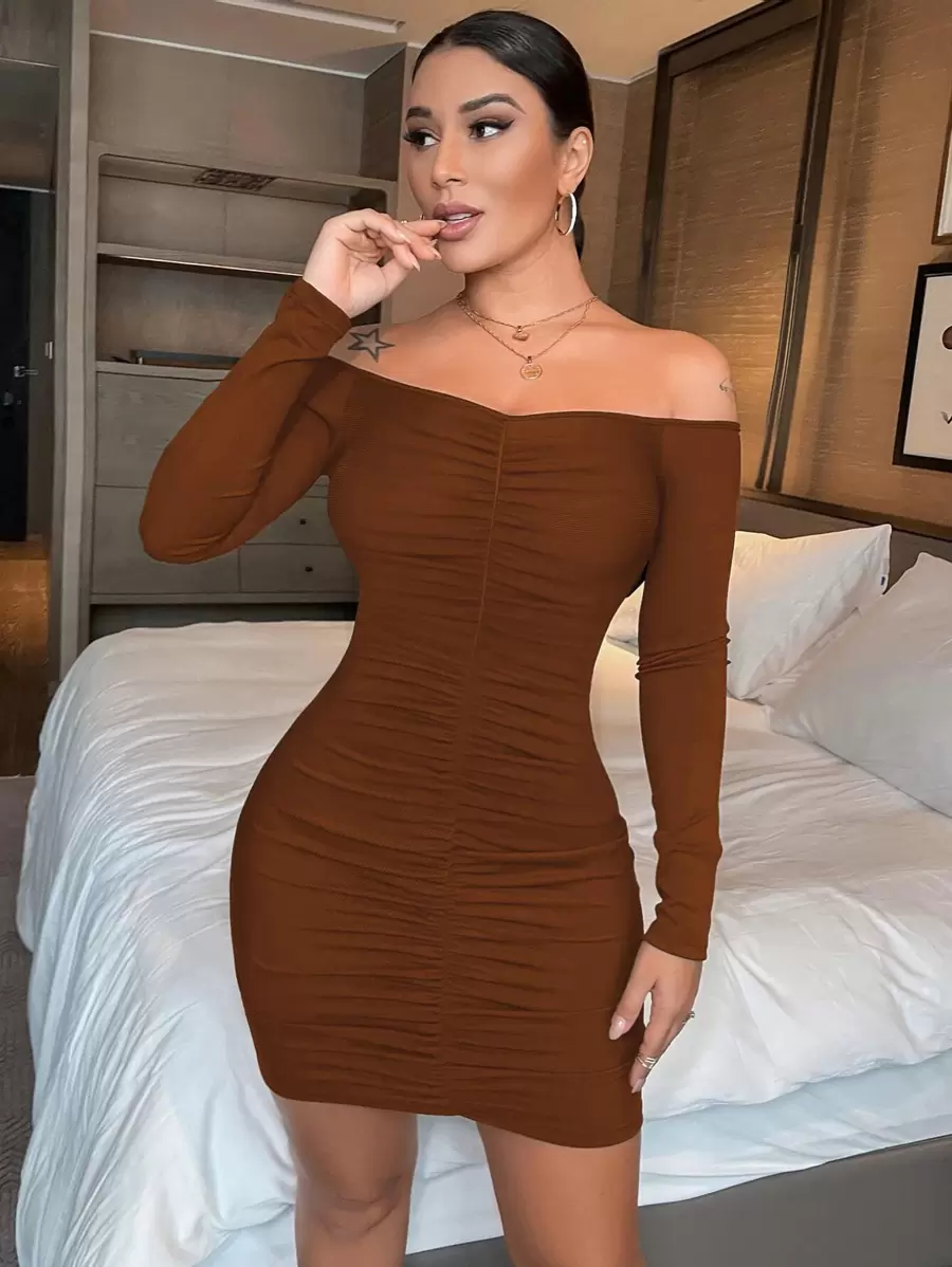 Allurite Off Shoulder Ruched Bodycon Dress - Brown - View 1