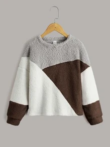 SHEIN Girls Drop Shoulder Colorblock Teddy Sweatshirt - Chocolate Brown - View 1