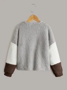 SHEIN Girls Drop Shoulder Colorblock Teddy Sweatshirt - Chocolate Brown - View 2