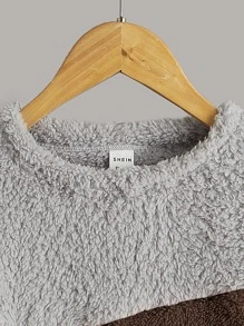 SHEIN Girls Drop Shoulder Colorblock Teddy Sweatshirt - Chocolate Brown - View 4