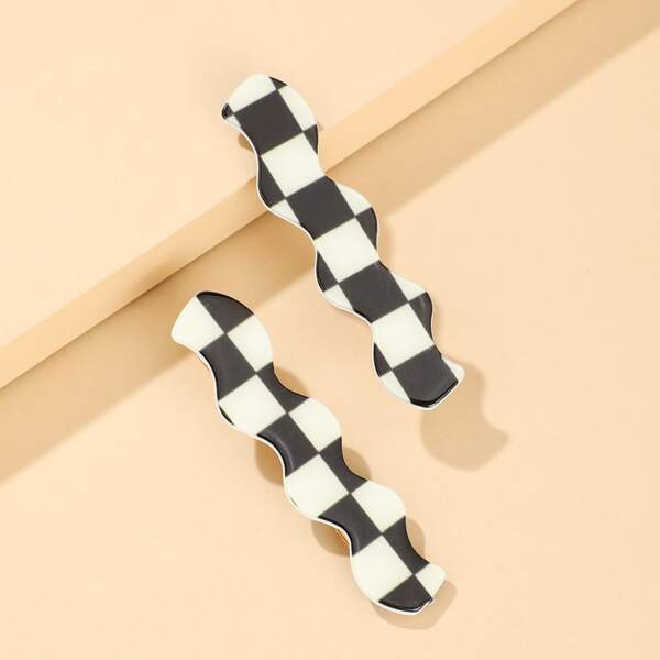 

2pcs Checkerboard Print Hair Clip, Black and white