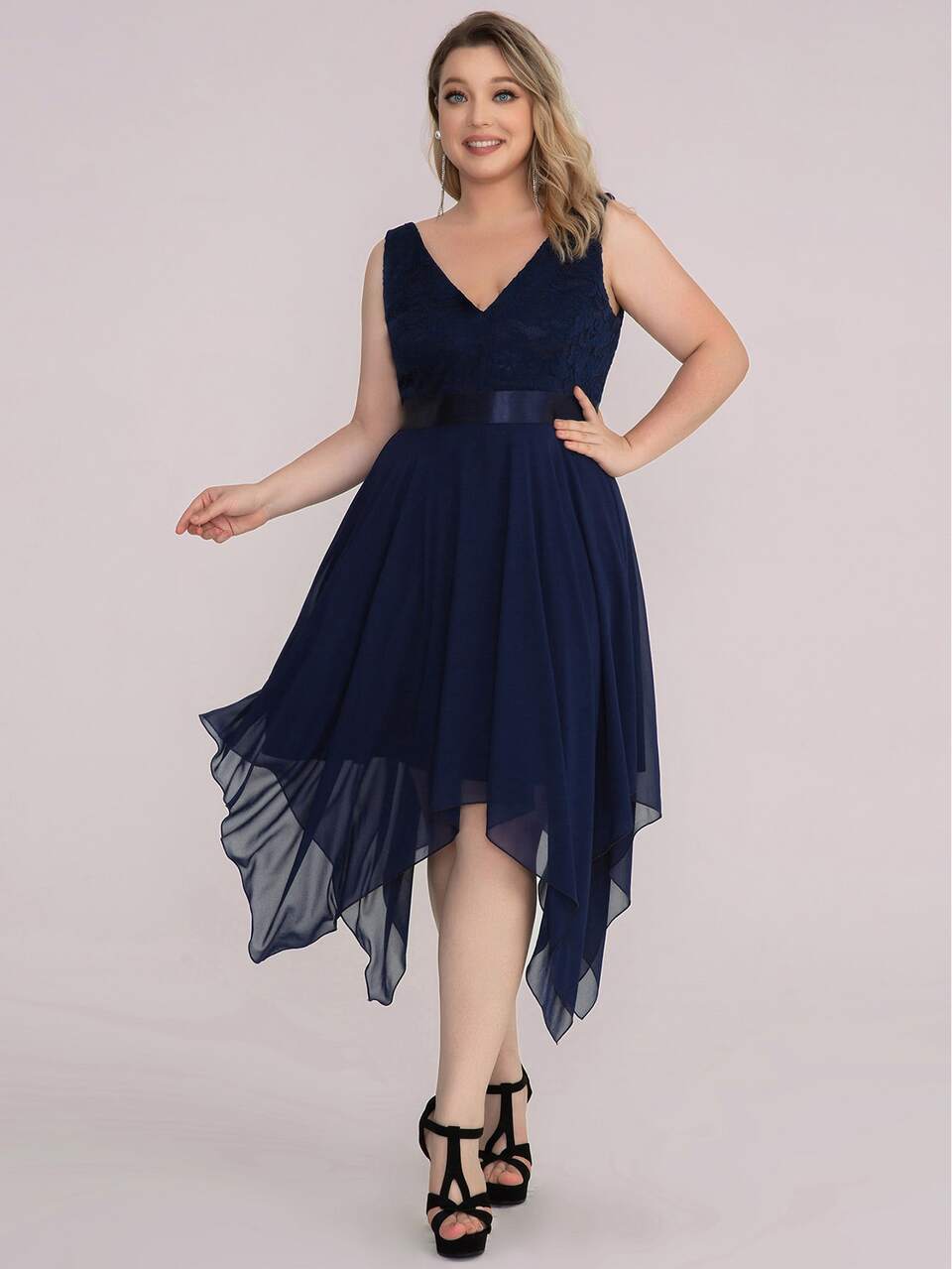 EVERPRETTY Contrast Color Lace Asymmetrical Hem Party Dress