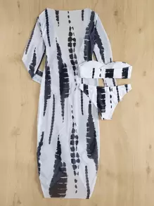 In Toàn bộ Bộ Bikini & Áo Bandeau  & Bikini & Dây rút Váy Cover Up 3 mảnh Tắm rửa Bộ - Đen và trắng - Xem 2