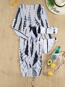 In Toàn bộ Bộ Bikini & Áo Bandeau  & Bikini & Dây rút Váy Cover Up 3 mảnh Tắm rửa Bộ - Đen và trắng - Xem 3