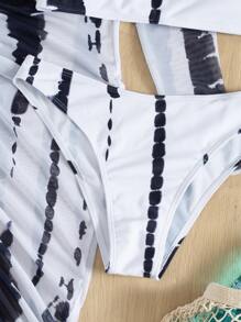 In Toàn bộ Bộ Bikini & Áo Bandeau  & Bikini & Dây rút Váy Cover Up 3 mảnh Tắm rửa Bộ - Đen và trắng - Xem 5