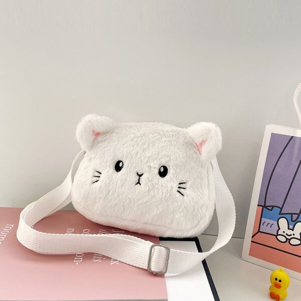 

Girls Fuzzy Cartoon Graphic Novelty Bag, White