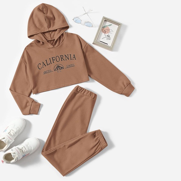 

Girls Mountain & Letter Graphic Hoodie & Sweatpants, Camel