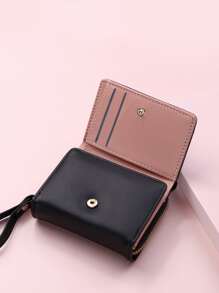 极简主义折叠小钱包口袋钱包小钱包拉链三折女士钱包迷你轻便信用卡身份证钱便携式现金简约时尚现代商务周年纪念情人节生日礼物礼物情侣女士女孩女士礼物 - 黑色 - 查看 2