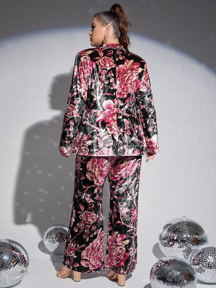 SHEIN Plus Floral Print Velvet Blazer & Wide Leg Pants - Multicolor - View 2