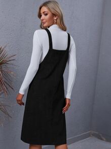 SHEIN LUNE Pocket Front Corduroy Overall Dress Without Tee Maxi Women Outfit - Black - View 2