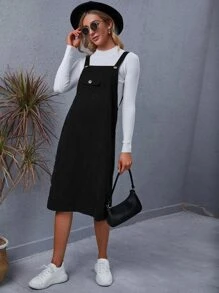 SHEIN LUNE Pocket Front Corduroy Overall Dress Without Tee Maxi Women Outfit - Black - View 3