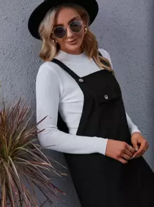 SHEIN LUNE Pocket Front Corduroy Overall Dress Without Tee Maxi Women Outfit - Black - View 4