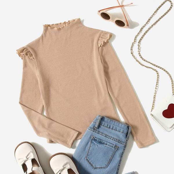 

Girls Ruffle Trim Tee, Apricot