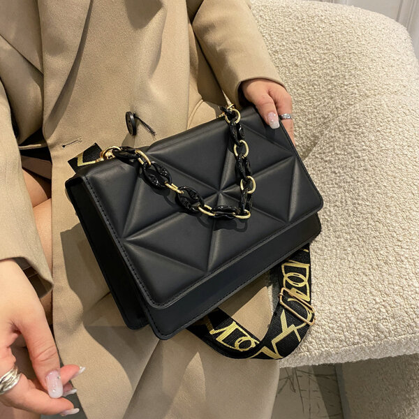 

Minimalist Embossed Chain Square Bag, Black