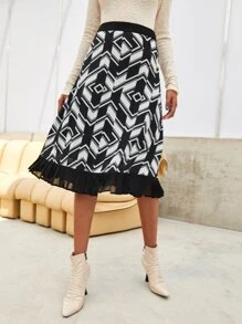 SHEIN Unity Geo Print Fold Pleated Skirt - Black and White - View 4