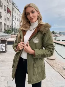 SHEIN Essnce 补丁细节抽绳腰部泰迪熊衬里毛绒装饰连帽派克大衣填充外套衣服冬季 - 軍綠色 - 查看 1