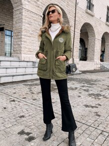 SHEIN Essnce 补丁细节抽绳腰部泰迪熊衬里毛绒装饰连帽派克大衣填充外套衣服冬季 - 軍綠色 - 查看 5