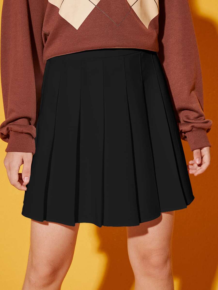 SHEIN Teen Girls Solid High Waist Pleated Skirt - Black - View 1