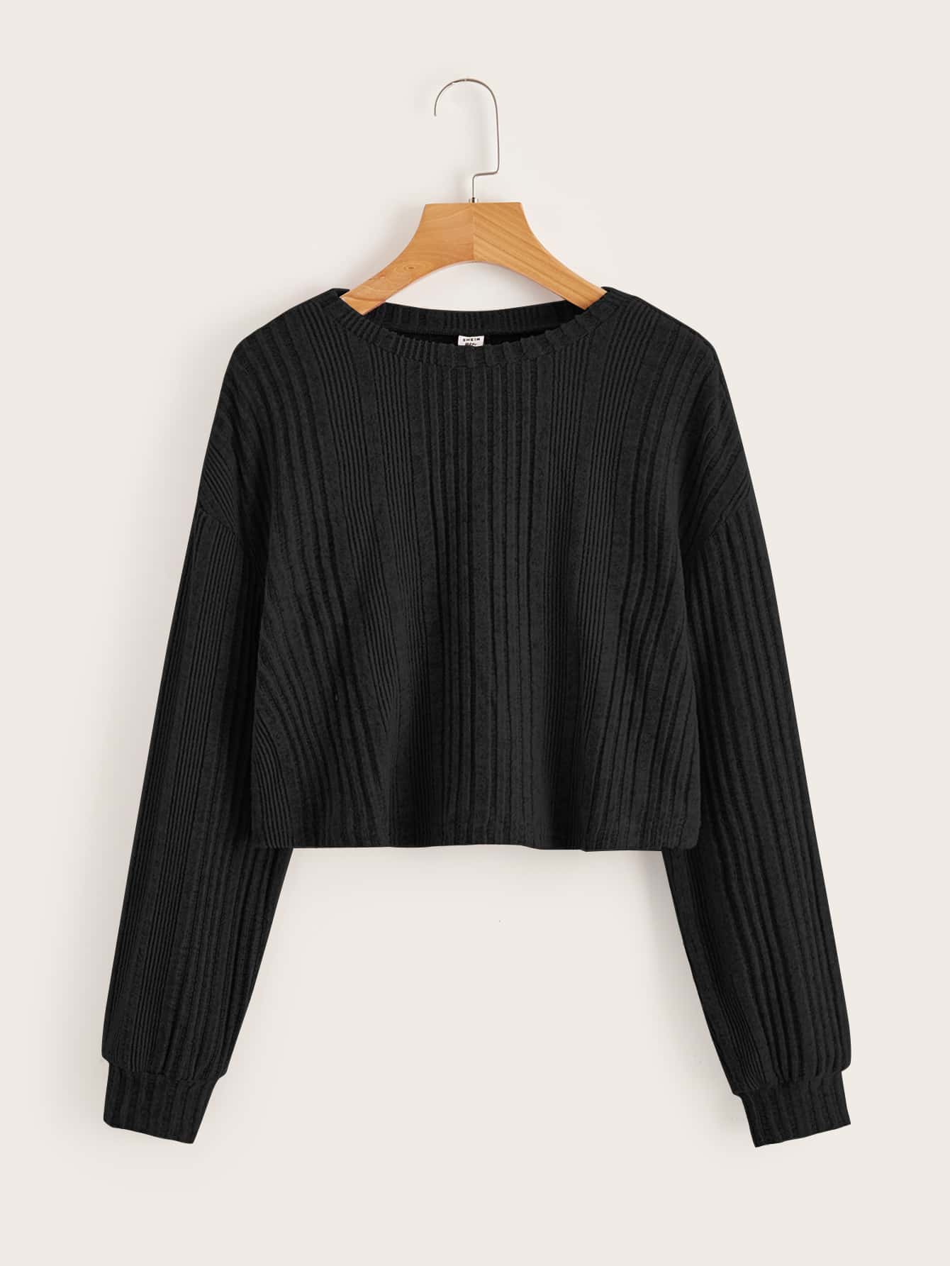 SHEIN Leap Crew Camiseta De Punto Casual De Manga Larga Y Hombros Caídos Con Textura Acanalada Para Chicas Adolescentes - Negro - Ver 1