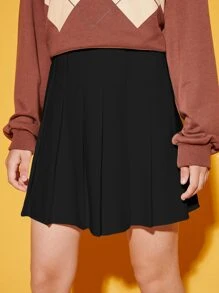 SHEIN Teen Girls Solid High Waist Pleated Skirt - Black - View 3