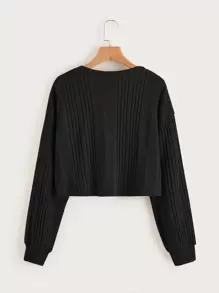 SHEIN Leap Crew Camiseta De Punto Casual De Manga Larga Y Hombros Caídos Con Textura Acanalada Para Chicas Adolescentes - Negro - Ver 2