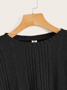 SHEIN Leap Crew Camiseta De Punto Casual De Manga Larga Y Hombros Caídos Con Textura Acanalada Para Chicas Adolescentes - Negro - Ver 3