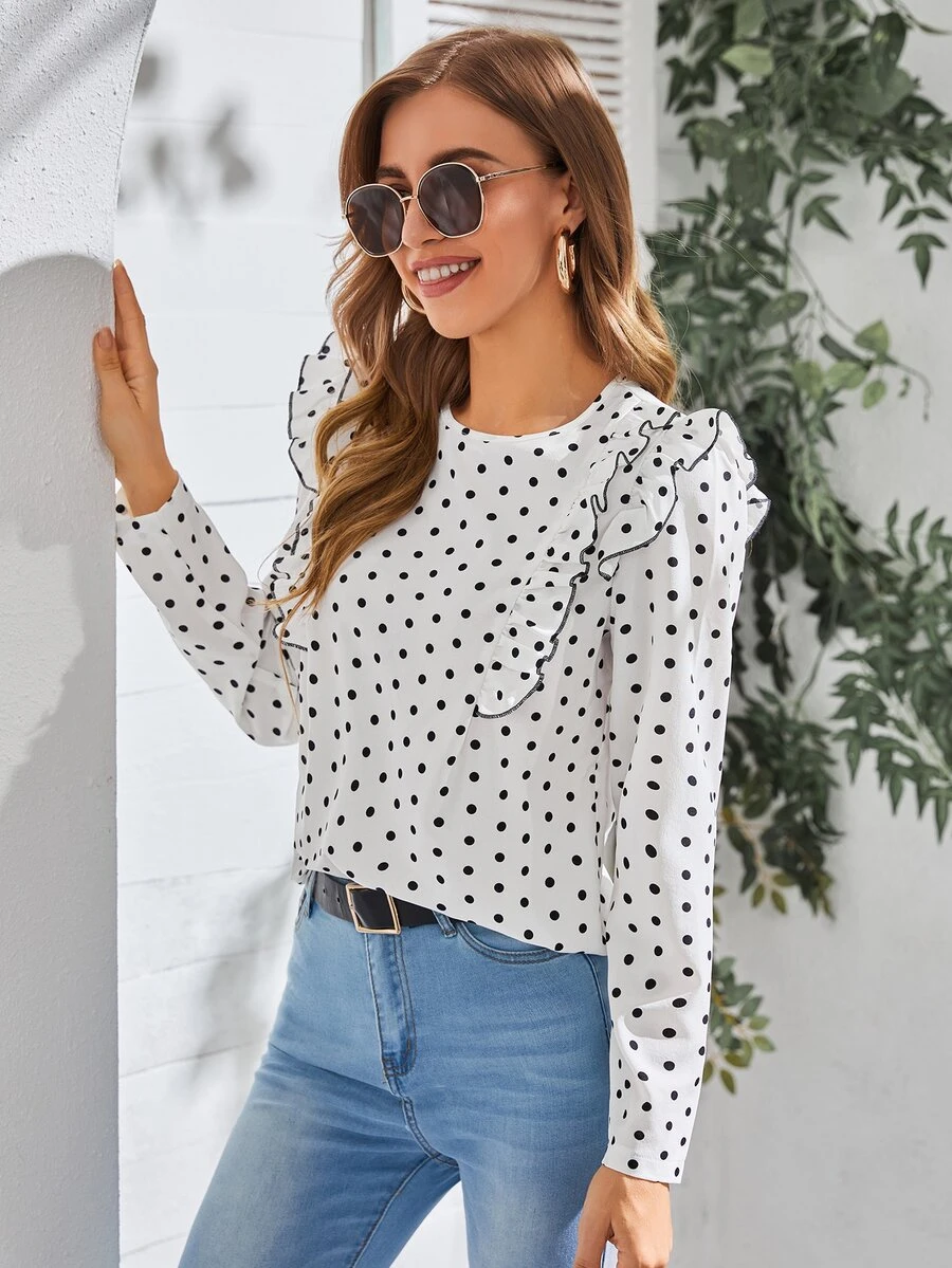 Polka Dot Print Ruffle Trim Blouse - Black and White - View 1
