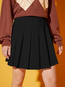 SHEIN Teen Girls Solid High Waist Pleated Skirt - Black - View 4